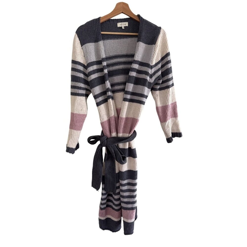 Striped Knit Cardigan Sweater With Belt By Acoa Size S Gray Pink Ivory